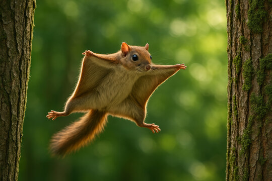 Flying squirrel glides between tree trunks with membrane spread