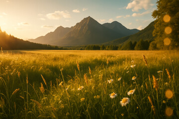 Obraz premium Golden meadow with white daisies beneath distant mountain peaks