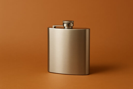 Brushed metal hip flask stands against warm orange backdrop