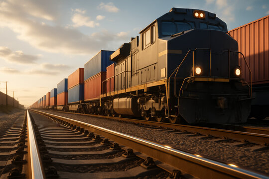 Long container freight train traveling along sunlit railway tracks