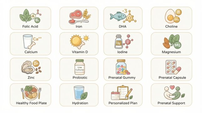 Icons display essential vitamins and nutrients for pregnant women. Includes folic acid, DHA, and hydration tips for maternal health.