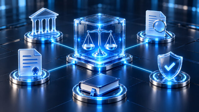 Futuristic digital law concept with glowing scales of justice courthouse legal book contract agreement and shield for smart compliance legaltech and online court system