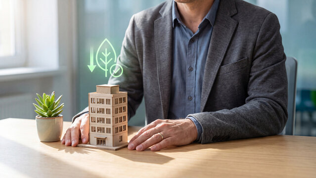 Green building carbon reduction and sustainable property concept, businessman with apartment building model and leaf hologram down arrow checkmark for ESG energy saving and low emission