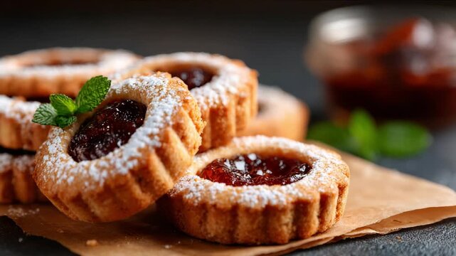 Close-up of jam-filled cookies dusted with sugar on parchment paper surface Linzer Cookies with Jam Filling concept of homemade dessert