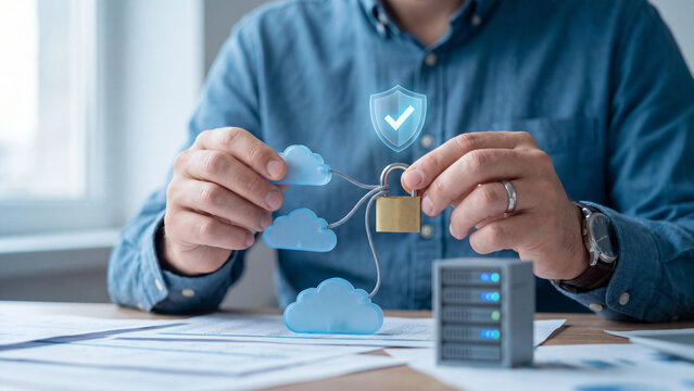 Hybrid cloud cybersecurity and data protection concept, man connecting three cloud shapes to padlock with server and shield checkmark for cloud network integration and privacy