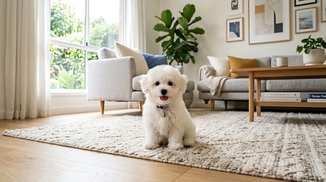 A fluffy white puppy sitting on a rug in a living room