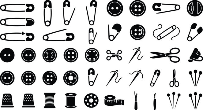 Black and white sewing and tailoring tools vector icons set collection