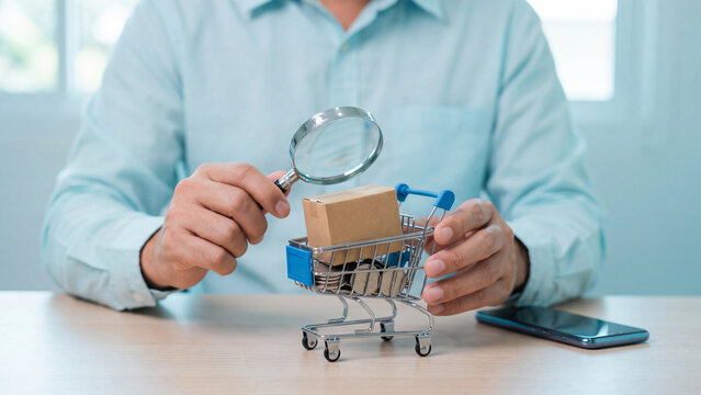 Online shopping price comparison and consumer research concept, man with magnifier checking shopping cart with box and coins near smartphone for budget spending and discount search
