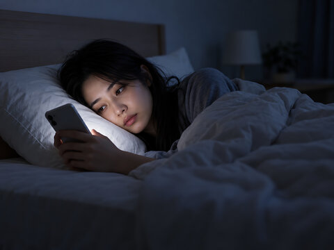 暗い寝室のベッドで横になりスマートフォンを見る女性