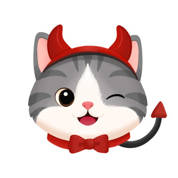 Halloween Cat - Handdrawn Gray Tabby Devil Cat Halloween Illustration