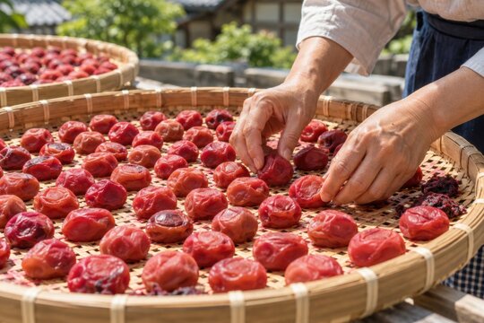 竹ざるに広げた梅干しの天日干し