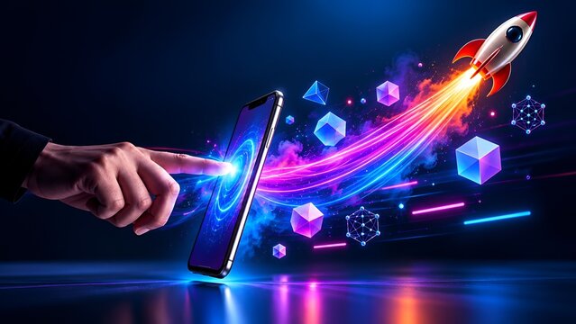 Hand touching smartphone screen launching a rocket into a digital galaxy with glowing geometric shapes and light trails representing innovation and rapid growth