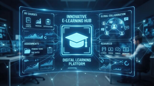 Innovative elearning hub digital platform interface showing course catalog, assignments, global collaboration, and educational resources for online students international students day
