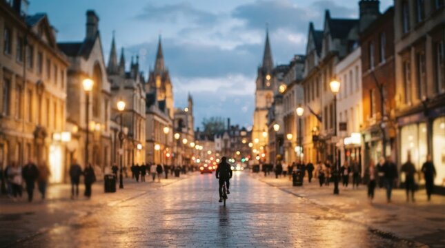 A person riding a bicycle down a historic european street at dusk with warm glowing street lights and blurred architecture in the background international students day