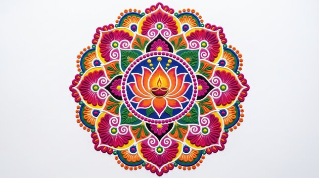 Colorful rangoli pattern with flower petals and central diya light traditional festival decorative circular cultural celebration greeting symmetry heritage