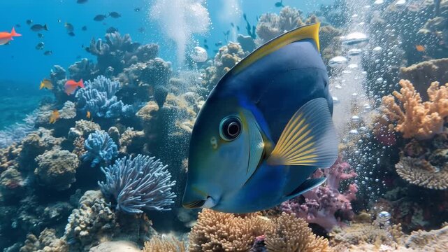 Marine fish, blue tang with colorful coral reef, aquatic life, inside ocean nature, 4K video