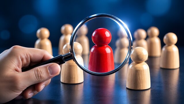 Hand holding magnifying glass over a single red wooden figurine among many neutral ones symbolizing selection recruitment or differentiation