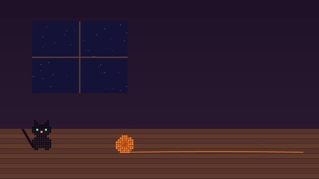Playful black kitten chasing an orange yarn ball rolling back and forth on a wooden floor by a window