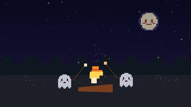 Two cute ghosts roasting marshmallows over a crackling campfire at night beside a forest and smiling moon