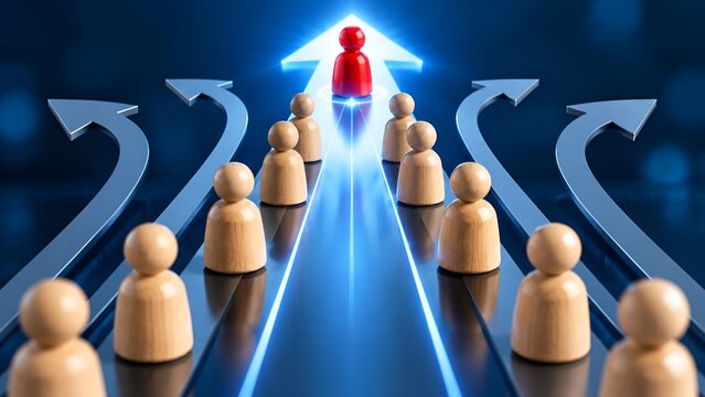 Red leader figure stands out from wooden figures on a glowing blue path with arrows indicating direction and divergence symbolizing leadership and strategy.