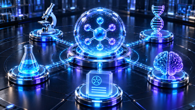 Biotechnology and science research laboratory concept with connected molecular structure microscope dna helix beaker artificial intelligence brain and data report   
