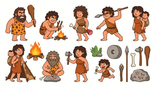 Set of cartoon prehistoric cavemen and cavewomen illustrations with tools fire and cave art