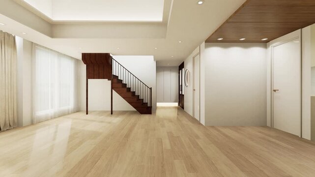 Modern Empty Living Room Interior with Wooden Stairs and Sunlit Window 3D Rendering