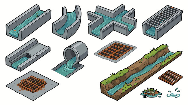 Cartoon vector set of drainage channels pipes grates natural ditches and stormwater elements with water and debris