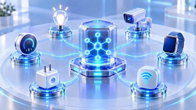 smart home automation concept with futuristic central hub connected to iot devices security camera light bulb smartwatch and wireless sensors in 3d render