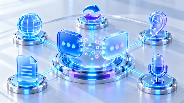 Artificial intelligence voice translation concept with speech bubbles connected to microphone listening ear document global network and language exchange icons   