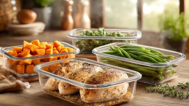 Glass containers filled with roasted chicken sweet potatoes and green beans on rustic wooden table concept of healthy meal preparation
