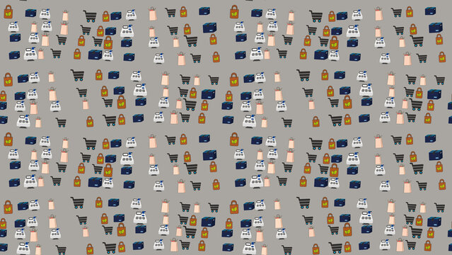 Seamless pattern of shopping carts, bags, and cash registers