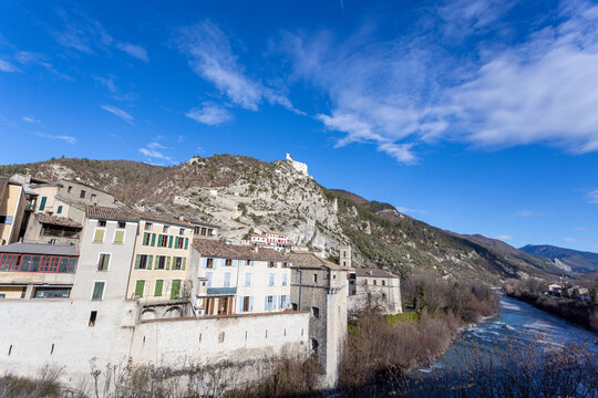 Entrevaux, France - The hilltop town with the Citadelle d Entrevaux overlooks the Var River and valley.