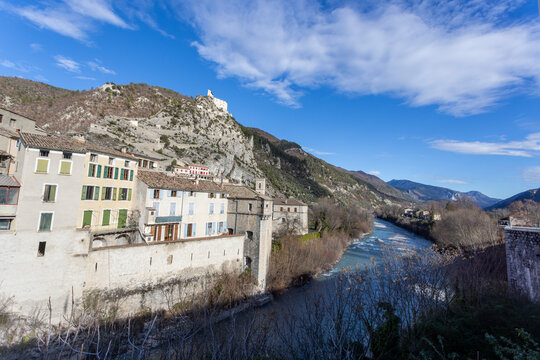 Entrevaux, France - The hilltop town with the Citadelle d Entrevaux overlooks the Var River and valley.