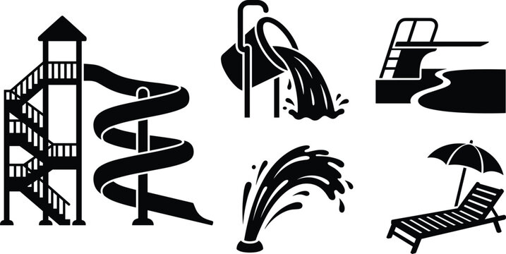 Black and white water park icons set with slide pool and sun lounger elements