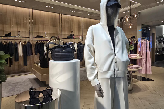 Penang, Malaysia - Sep 06, 2026: Interior view of Boss luxury fashion boutique featuring a mannequin dressed in a white hooded jacket alongside sunglasses, handbags, and apparel racks. 