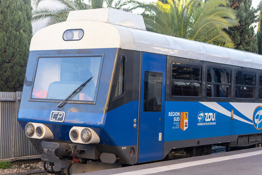 Nice, France - December 26, 2025: Soule-Garnero X351 railcar of Chemins de Fer de Provence on the Nice-Digne line.