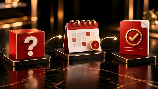 Problem solving and task management concept showing a question mark block, calendar schedule, and completed document for business strategy
