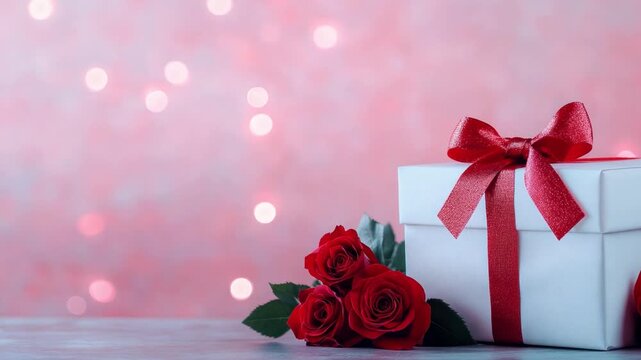 A gift box with a red ribbon is placed next to red roses on a pink background with bokeh lights in a celebration setting