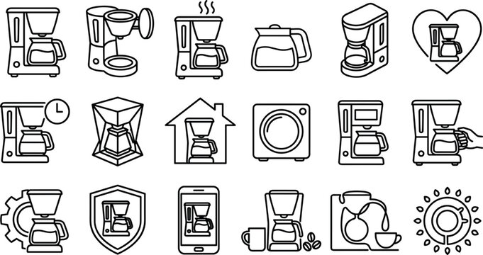 Coffee maker machine icon set featuring electric drip brewer kitchen appliance line art vector symbols for cafe restaurant menu interface
