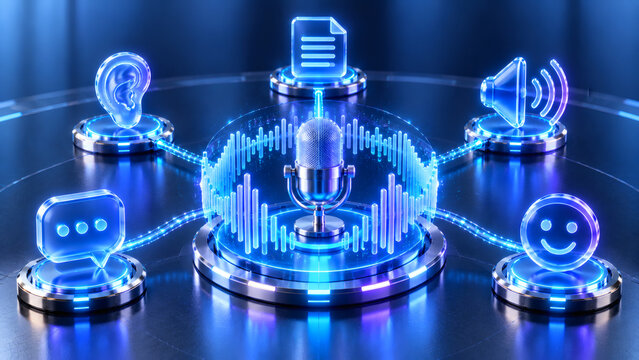 voice recognition artificial intelligence concept with microphone sound waves speech to text transcription conversational audio assistant in 3d render   