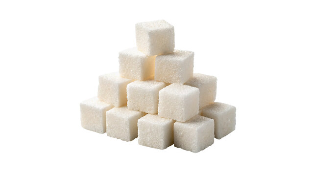 Pyramid stack of white refined sugar cubes isolated on transparent background