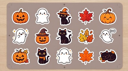 Fototapeta premium Cute Halloween and Autumn Sticker Collection with Pumpkins, Ghosts, Black Cats and Fall Leaves