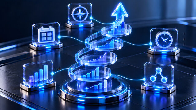Futuristic business growth concept with glowing spiral arrow and digital hologram icons showing analytics financial success strategy and corporate data visualization