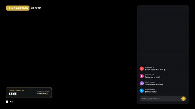 A digital live auction interface overlay with bidding chat feed and price counter animation isolated on a transparent background