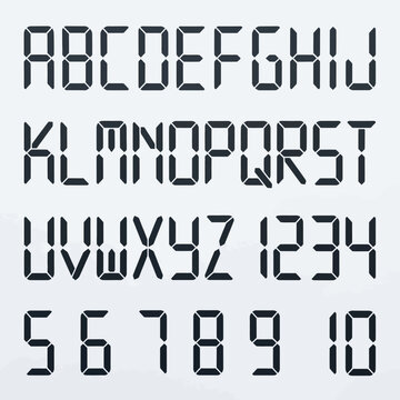 Digital clock display font features a complete uppercase alphabet and numbers one through ten, rendered in a segmented, modern style.