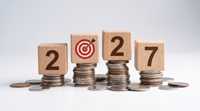Four wooden blocks showing 2027 a target symbol on one block stacked on coins objective bullseye planning strategy accomplishment investment currency aspirations anticipation