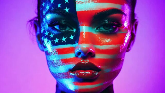 A woman poses with her face painted like the American flag under colorful lighting in a studio