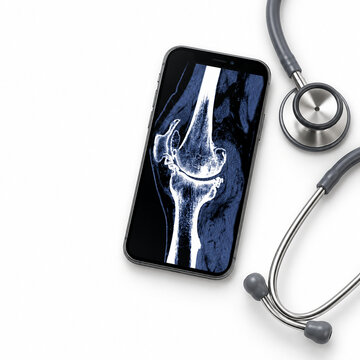 Digital medical review reviewing a 3D CT knee with knee joint anatomy on an unbranded multiple digital devices, isolated on a pure white background for medical imaging and orthopedic technology concep