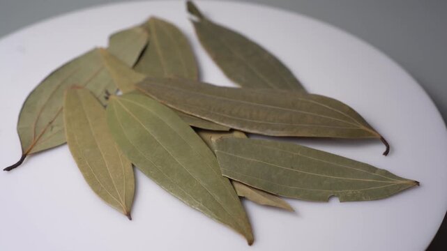 Person hold dry bay leaf cinnamomum tamala spice herb aromatic seasoning food ingredient kitchen culinary concept close up video shot